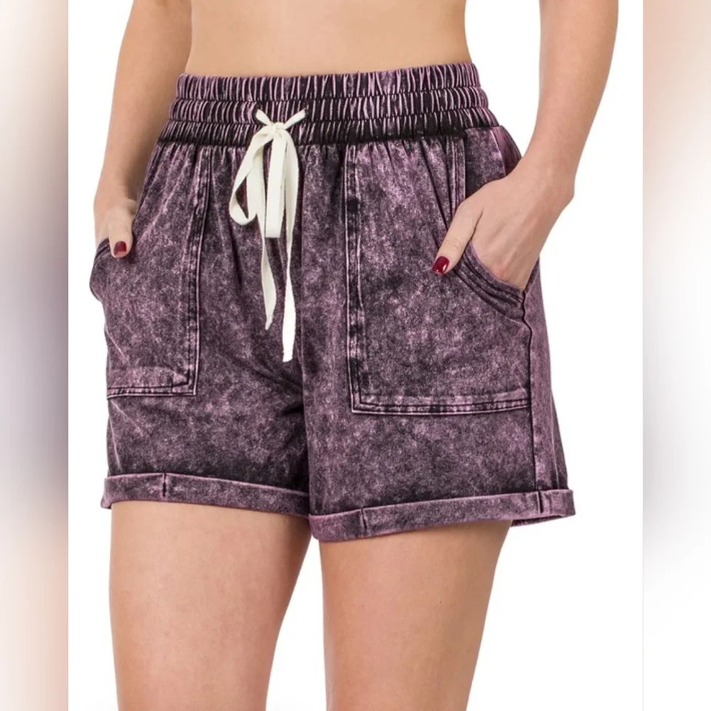 Zenana Mineral Wash Drawstring Cuffed Shorts - Picture 1 of 1